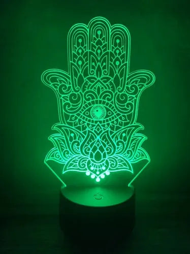 Lampara Led 3d Mano De Fatima Hamsa Luz Decoración