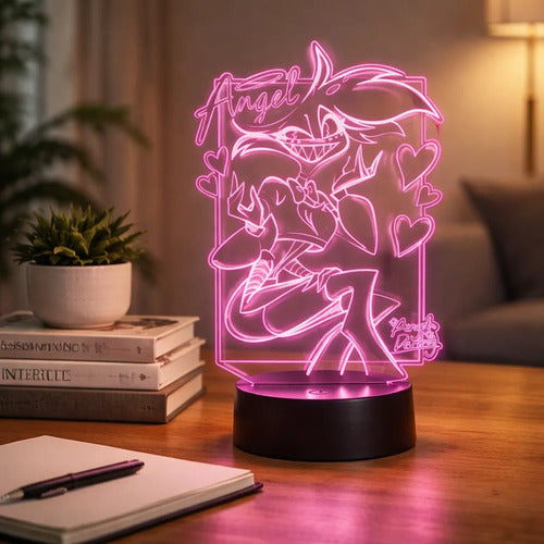 Angel Hazbin Hotel Lámpara De Mesa Led Ilusión 3d Fan Art Negro Transparente