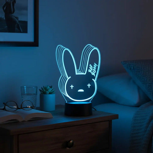 Lampara Led 3d Bad Bunny  Negro Base Azul (luz) Modelo 1